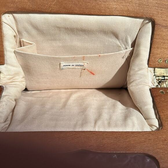 Vintage Raffia Beige Ivory wood frame clutch purse handbag - Picture 2 of 4